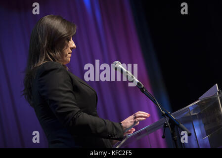 Athens, Greece. 27th Oct, 2017. ZOE KONSTANTOPOULOU addresses participants during the opening of her party's, Plefsi Eleftherias, conference. Plefsi Eleftherias, meaning Sail of Freedom, was formed by governing party Syriza's dissident and former president of the Greek parliament, Zoe Konstantopoulou. Credit: Nikolas Georgiou/ZUMA Wire/Alamy Live News Stock Photo