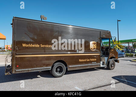 Low emissions UPS van or delivery truck that runs on natural gas in Montgomery Alabama, USA. Stock Photo