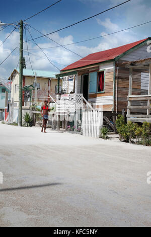 BELIZE, Caye Caulker, old colorful houses on Main Street Stock Photo