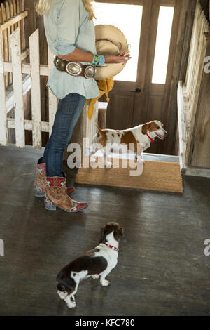 USA, Nevada, Wells, Founder Madeleine Pickens and her two dogs, Mustang Monument, A sustainable luxury eco friendly resort and preserve for wild horse Stock Photo