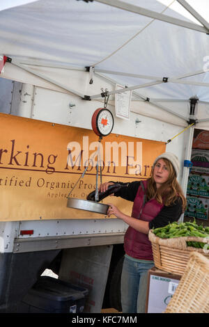 USA, Oregon, Ashland, farmer from the Barking Moon Farm weighs produce, the Rogue Valley Growers and Crafters Market Stock Photo