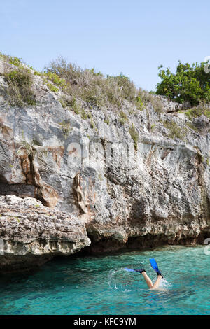 EXUMA, Bahamas. Snorkeling and exploring around and inside the Thunderball Cave. Stock Photo