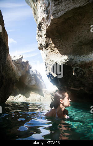 EXUMA, Bahamas. Snorkeling and exploring around and inside the Thunderball Cave. Stock Photo