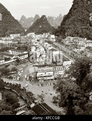 CHINA, Guilin, elevated view of Guilin and limestone spires at dusk (B&W) Stock Photo