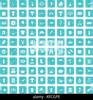 100 hobby icons set grunge blue Stock Vector