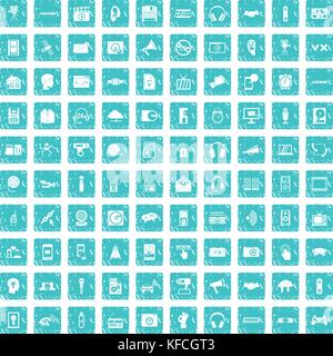 100 audio icons set grunge blue Stock Vector