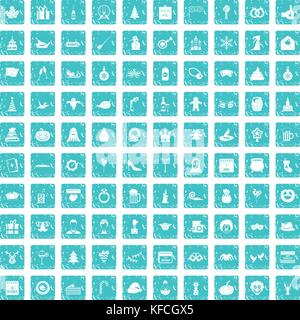 100 holidays icons set grunge blue Stock Vector