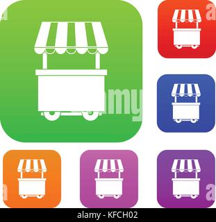Food trolley with awning set color collection Stock Vector