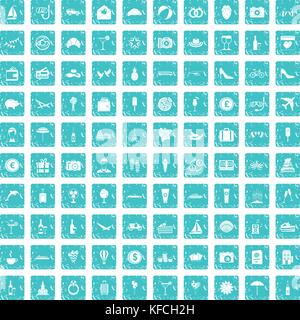 100 honeymoon icons set grunge blue Stock Vector