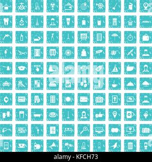 100 hotel services icons set grunge blue Stock Vector