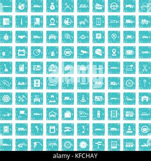 100 auto icons set grunge blue Stock Vector
