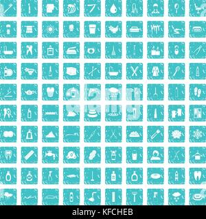 100 hygiene icons set grunge blue Stock Vector