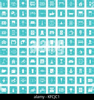 100 interior icons set grunge blue Stock Vector