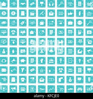 100 internet marketing icons set grunge blue Stock Vector