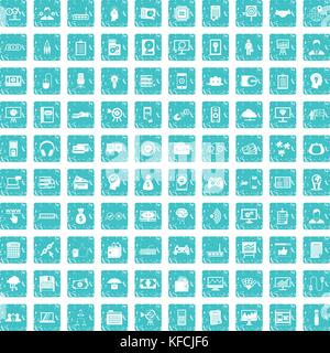 100 IT business icons set grunge blue Stock Vector