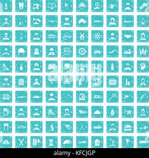 100 job icons set grunge blue Stock Vector