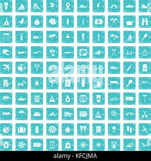 100 journey icons set grunge blue Stock Vector