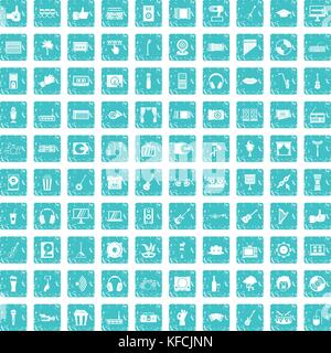 100 karaoke icons set grunge blue Stock Vector