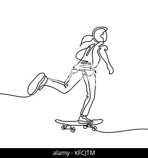 Continuous line drawing. Girl riding a skateboard. Vector Illustration Stock Vector