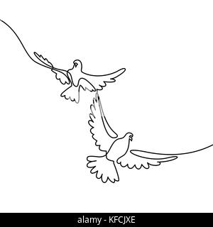Continuous one line drawing. Flying two pigeons logo. Black and white vector illustration. Concept for logo, card, banner, poster, flyer Stock Vector