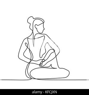 Continuous line drawing. Woman doing exercise yoga lotus Pose