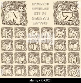 vintage marine alphabet - engraved letters in vignettes of mermaids - full set, ready to use Stock Vector