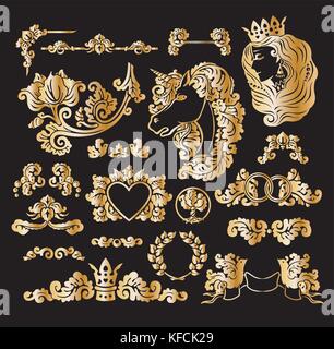 Vector royal wedding vignettes set in Medieval decorative style - golden foil elements for vintage decoration design Stock Vector