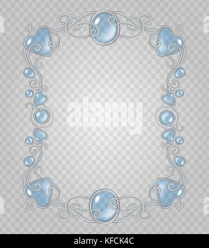 Vector transparent glass and gems decorative metal frame on demonstrative transparent gray grid background - silver vertical light vignette with baby  Stock Vector