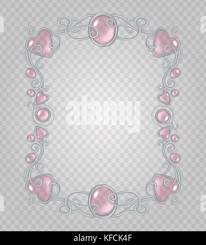 Vector transparent glass and gems decorative metal frame on demonstrative transparent gray grid background - silver vertical light vignette with baby  Stock Vector