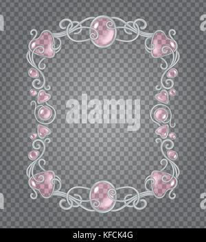 Vector transparent glass and gems decorative metal frame on demonstrative dark gray grid background - silver vertical light vignette with baby pink st Stock Vector