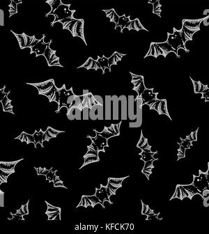 Vector illustration of seamless pattern with bats, flying on black background Stock Vector