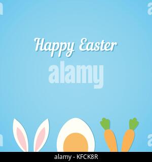 Vector Happy Easter card background with minimal flat rabbit ears, boiled egg and fresh carrot - symbols of Easter Stock Vector