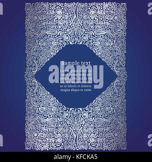 Ornate oriental invitation card, silver foil on blue, vector illustration Stock Vector