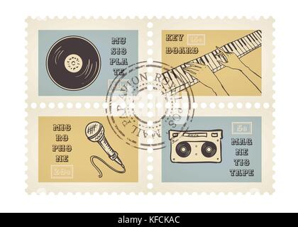 Vector postage stamps of retro music equipment theme, canceled, decorative set for scrapbooking - 4 separated elements Stock Vector