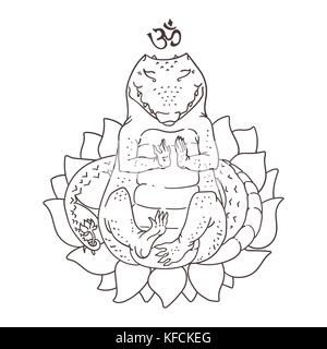 Vector illustration of cute alligator sitting in yoga meditation pose, coloring book page with animal sitting in lotus flower, black outline drawing i Stock Vector