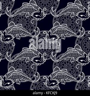 Vector seamless pattern with japanese carps koi - symbol of luck, love and independence Stock Vector
