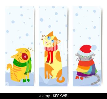 Vector set of 3 vertical banners with Christmas cats, ready to use, transparent shadows Stock Vector