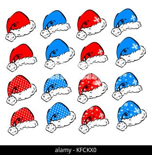 Set of vector decorative elements for Christmas and New Year holidays - red and blue Santa hats in 2 different head angles and 4 decoration styles. Stock Vector