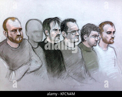 Court artist drawing by Elizabeth Cook of six alleged members of National Action (left to right) Christopher Lythgoe, 31, of Warrington, Cheshire, a 22-year-old man from Lancashire who cannot be named for legal reasons, Garron Helm, 24, of Seaforth, Merseyside, Michael Trubini, 35, of Warrington, Andrew Clarke, 33, of Warrington and Matthew Hankinson, 23, of Newton-le-Willows, Merseyside, at Westminster Magistrates Court in London, who are accused of continuing to be members of right-wing terror group after the group was banned under UK law on December 16 last year until their arrest on Septem Stock Photo