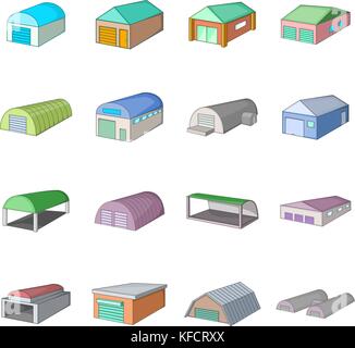 Different hangars icons set, cartoon style Stock Vector