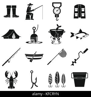 Fishing tools icons set, simple style Stock Vector