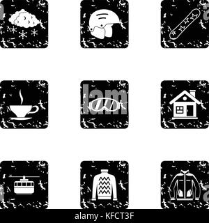 Winter snowboarding icons set, grunge style Stock Vector