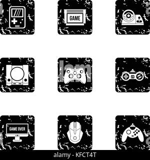 Game online icons set, grunge style Stock Vector