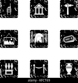 Going to museum icons set, grunge style Stock Vector