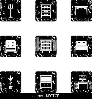 Home furnishings icons set, grunge style Stock Vector