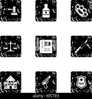 Crime icons set, grunge style Stock Vector