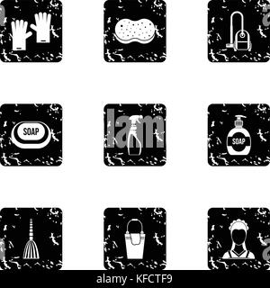 House cleaning icons set, grunge style Stock Vector