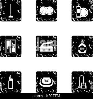 House cleaning on weekends icons set, grunge style Stock Vector