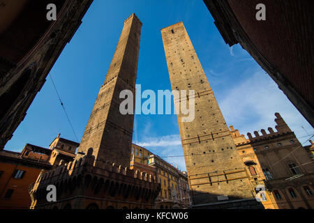 BOLOGNA, ITALY - October, 2017: Two famous falling towers Asinelli and Garisenda in the morning, Bologna Stock Photo