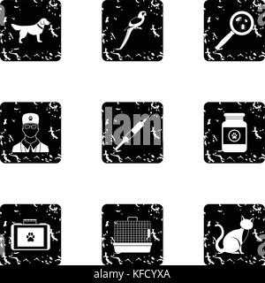 Veterinary icons set, grunge style Stock Vector